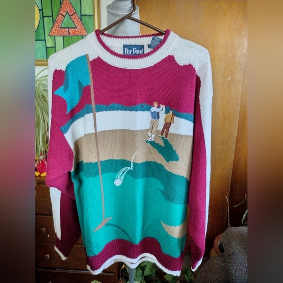 Vintage Par Four Men's Pullover Sweater Graphic Golf Maroon Green White Sz L - Picture 1 of 6